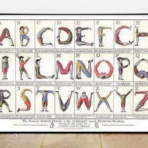 Puede incluir: Una impresión histórica enmarcada titulada The Comical Hotch-Potch, or the Alphabet turn'd Posture-Master. Presenta veintiséis ilustraciones donde figuras con ropa de época contorsionan sus cuerpos para formar cada letra del alfabeto.