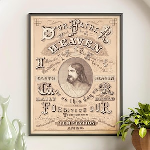 Our Father Prayer Print, Vintage 1874 Religious Art, Antique Christian Wall Decor, Lord’s Prayer Calligraphy, Faith Art, Home Blessing.