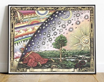 Flammarion Engraving, Colored Print: The Traveler's Quest for Knowledge, Vintage Mystical Art, Alchemy Print on Museum Paper.