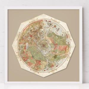 Platte aardekaart 1587 print, vintage ronde kaart van de wereld, platte wereldkaart, antieke zeldzame kaart, hoge resolutie print, papier van museumkwaliteit.