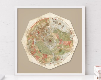 Impresión de mapa de la Tierra plana de 1587: mapa mundial circular vintage, gran detalle, calidad de museo.