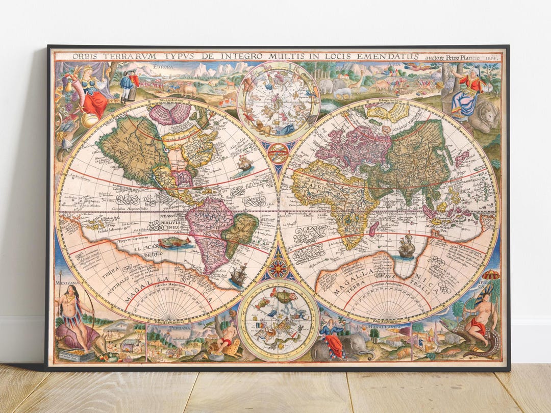 Antique World Map 1594 Petrus Plancius - Rare Map Print, Vintage ...