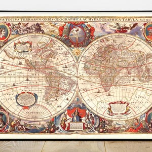 Antique World Map by Hendrik Hondius 1641 - Study Wall Art, Vintage Illustration of World Map, Home Office Decor, Old Maps Rare Print.