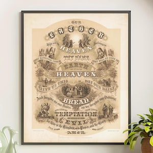 Our Father Prayer Print, Vintage Religious Calligraphy Wall Art, Antique Christian Wall Decor, Lord’s Prayer Faith Art, Home Blessing Decor