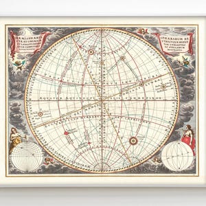 Carta celeste antigua de 1660 con movimientos de la Tierra, mapa del cosmos, mapa astronómico antiguo, carta de movimientos de la Tierra en impresión de calidad de museo.