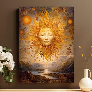 May include: A painting of a golden sun with a human face, surrounded by swirling clouds and birds. The sun is set against a backdrop of mountains and a river.