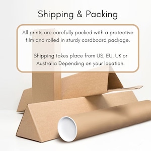 May include: Image shows brown cardboard packaging materials, including triangular boxes and a cylindrical tube. Text at the top reads "Shipping & Packing." The text below states that prints are carefully packed with protective film and rolled in a sturdy cardboard package.