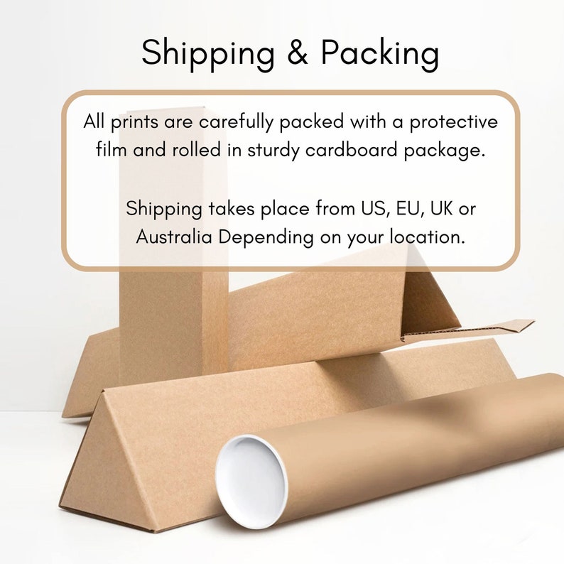 May include: Image shows brown cardboard packaging materials, including triangular boxes and a cylindrical tube. Text at the top reads "Shipping & Packing." The text below states that prints are carefully packed with protective film and rolled in a sturdy cardboard package.