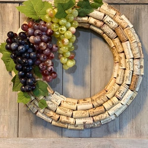 Wine Cork Wreath with Grape varieties, 16” diameter, attached D-Ring hanger.