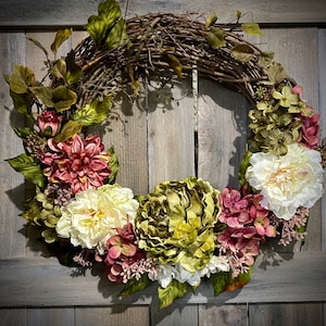 Large 20”x18” Grapevine Wreath, cream, green and dusty rose silk peonies, dahlias, and hydrangeas, vines and accents.