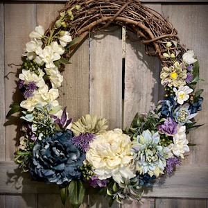 20” Grapevine wreath in navy, sage & lavender colors.