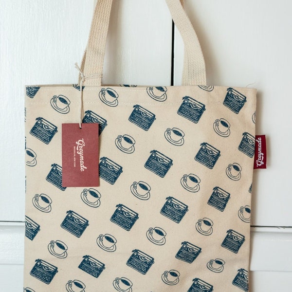 Typewriter & Coffee Tote Bag • High-Quality Canvas Everyday Bag