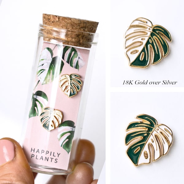 Hypo-Allergenic. Variegated White Monstera Albo Earring Studs 18k Gold, Plant Necklace Jewelry, Plant Mom Gifts, Thai Constellation Monstera