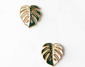 18k Gold Monstera Albo Earring Studs: Hypoallergenic Plant Jewelry