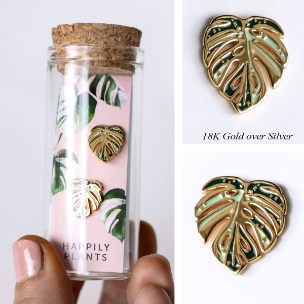 Hypo-allergenic. Thai Constellation Monstera, Variegated White Monstera Albo Earring Studs 18k Gold, Plant Necklace Jewelry, Plant Mom Gifts