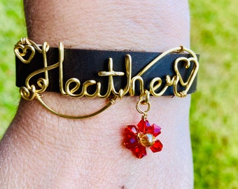 Handmade copper wire wrapped name bracelet with leather cord, custom bracelet, personalized, Christmas gifts