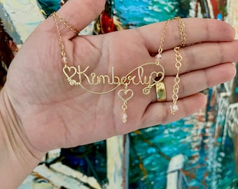 Handmade copper wire wrapped name necklace with stainless steel chain, custom