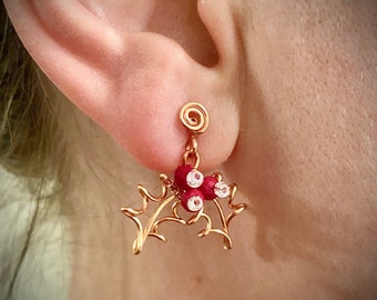 Handmade copper wire wrapped Christmas holly leaf mistletoe earrings, Christmas earrings, Christmas gifts,custom earrings, stud earrings