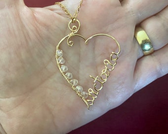 Handmade copper wire wrapped name necklace with heart, custom necklace, personalized