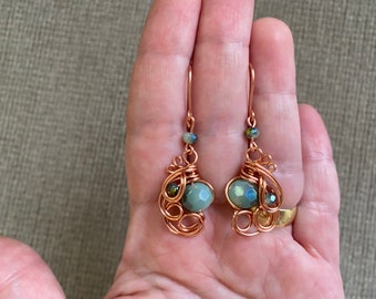 Handmade copper wire wrapped earrings with glass beads, handmade jewelry, jewelry, affordable price