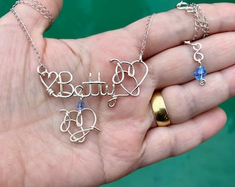 Handmade copper wire wrapped Name Necklace with Bts Love yourself symbol with stainless steel chain, custom necklace, personalized