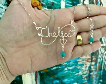 Handmade Copper Wire Wrapped Name Necklace with Stainless Steel Chain, Turquoise beads, Custom Name Necklace, Personalized