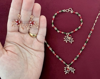 Handmade copper wire wrapped Christmas Jewelry set, Christmas gifts, custom, mistletoe