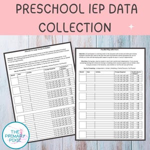 Puede incluir: Formularios de recopilación de datos IEP preescolares. Dos hojas de cálculo en blanco y negro con tablas rellenables para realizar un seguimiento del progreso de los estudiantes. Los formularios incluyen secciones para actividades, indicaciones y asistencia.