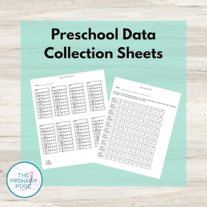 May include: Two white preschool data collection sheets with the text "Preschool Data Collection Sheets". One sheet focuses on shape recognition, the other on counting. The Primary Pixie logo is in the lower left corner.