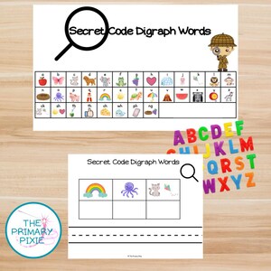 May include: Educational printables with the text "Secret Code Digraph Words." The top sheet features a magnifying glass and a detective character. The bottom sheet has a rainbow, octopus, and cat graphic. Colorful alphabet magnets are also present.