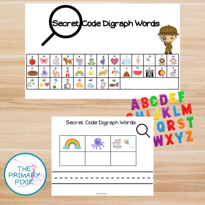 May include: Educational printables with the text "Secret Code Digraph Words." The top sheet features a magnifying glass and a detective character. The bottom sheet has a rainbow, octopus, and cat graphic. Colorful alphabet magnets are also present.