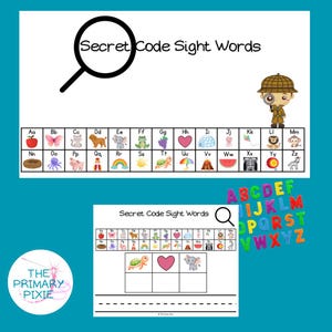 May include: Educational poster with the text "Secret Code Sight Words" and a magnifying glass graphic. The poster features an alphabet with corresponding images, and a detective character. A second poster and alphabet magnets are also visible.