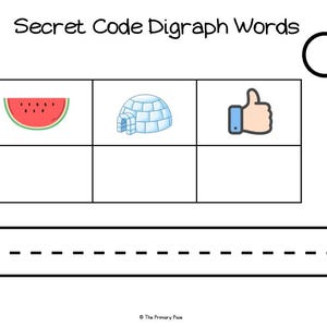 May include: A white educational chart with the title "Secret Code Digraph Words". The chart features a watermelon slice, an igloo, and a thumbs-up symbol. A dashed line is at the bottom, and a magnifying glass is in the upper right corner.