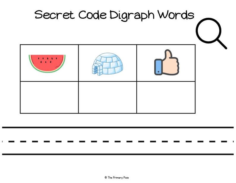 May include: A white educational chart with the title "Secret Code Digraph Words". The chart features a watermelon slice, an igloo, and a thumbs-up symbol. A dashed line is at the bottom, and a magnifying glass is in the upper right corner.