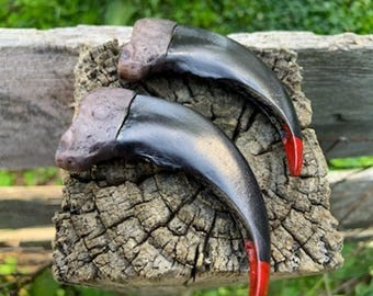 May include: Two large, curved claws with a dark, glossy finish and red tips rest on a weathered, textured wooden surface. The claws have a detailed, textured appearance at the base, with a light brown color.