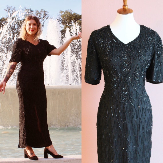 80’s black beaded evening gown