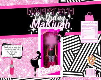 Envoltorios personalizados para bolsas de papas fritas de cumpleaños de muñecas rosas (PDF, PNG)