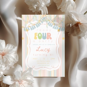 Może przedstawiać: Prostokątne zaproszenie urodzinowe w pastelowe pionowe paski z białą ramką pośrodku. Tekst zawiera napis ready FOUR a party, please join us to celebrate, Lucy turning 4!, MAY 12 2PM, 123 Party Lane, Anywhere, US, rsvp (123) 123-1234.