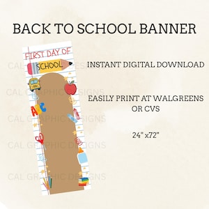 Könnte beinhalten: Ein vertikales Schulanfangs-Banner mit den Maßen 61 cm x 183 cm. Das Design zeigt einen linierten Papierhintergrund mit Bleistift, Schulbus, Apfel, ABC-Buchstaben, Schere, Kleber und Büchern. Text beinhaltet BACK TO SCHOOL BANNER.