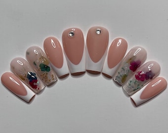 French Tip Flower Press-On Nails • Handmade False Nails