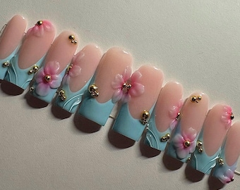 Blue French Tip Press On Nails • Handmade Flower Accent False Nails