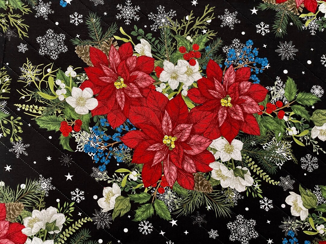 Handmade Holiday Placemats, Christmas Floral Placemats, Pointsettia Placemats, Quilted Placemats