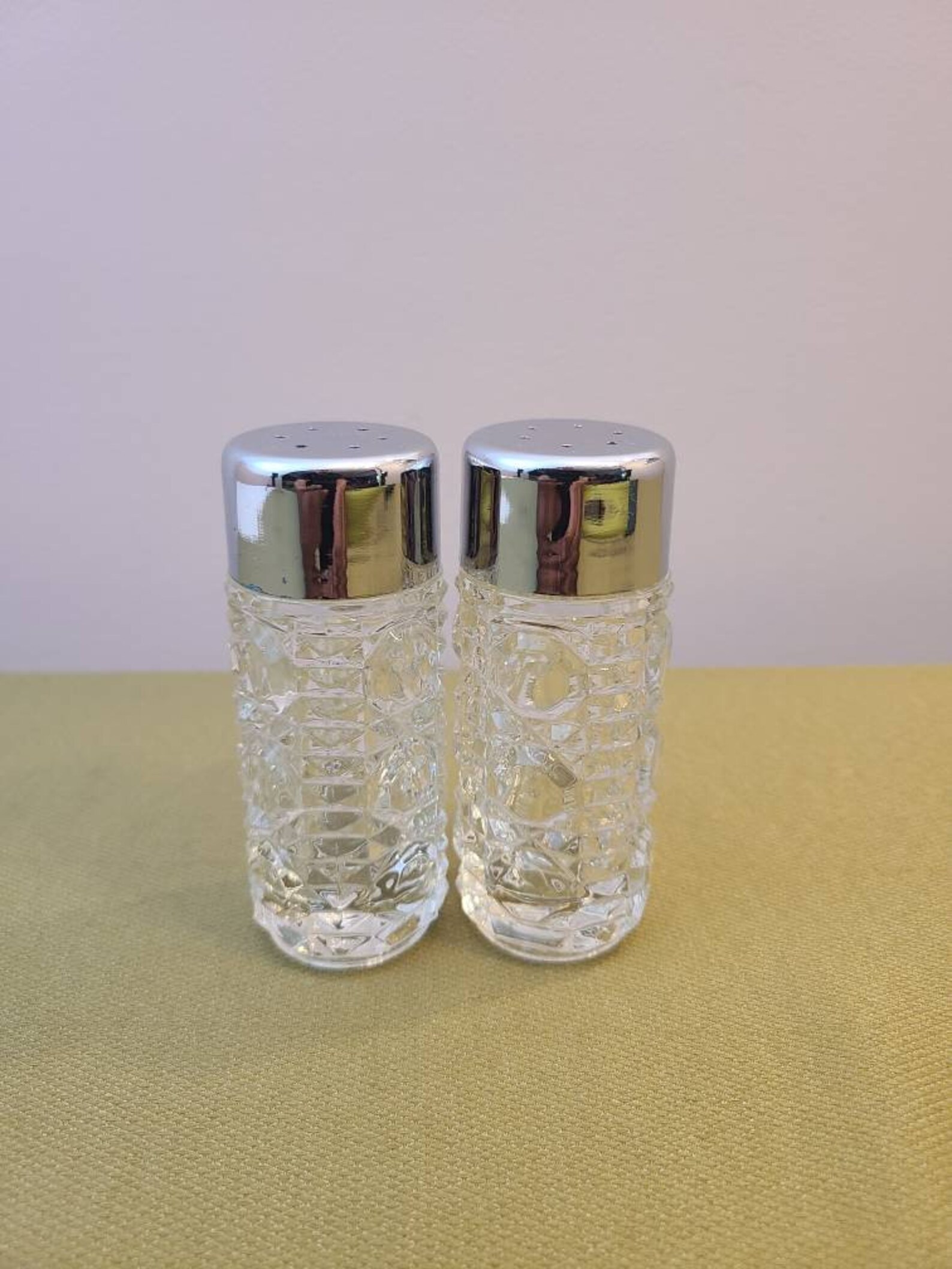 Vintage Cut Lead Crystal Salt and Pepper Shaker Set with Metal Etsy