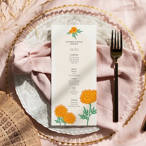 DIGITAIS | Menu de comida 4x9 com cartão de lugar para casamento indiano | Calêndula | Modelo de arquivo do Canva | A6002