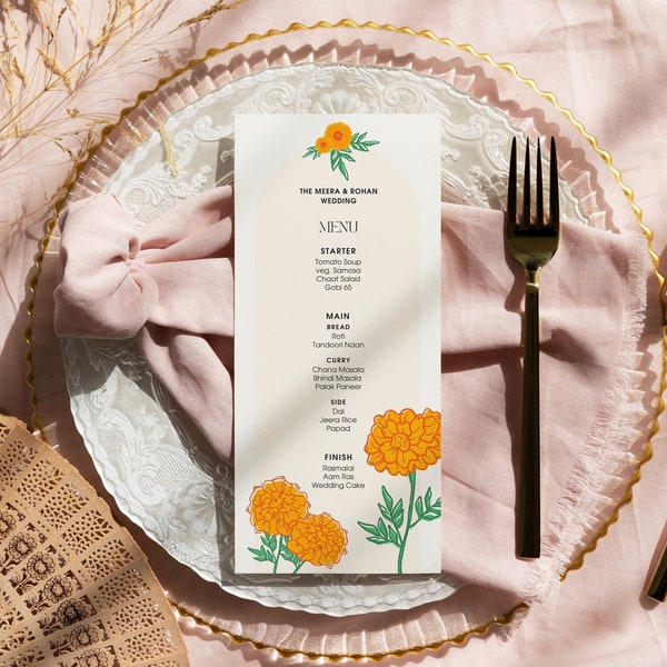 DIGITAL | 4x9  Food Menu with Place Card for Indian Wedding | Marigold | Canva File Template | A6002