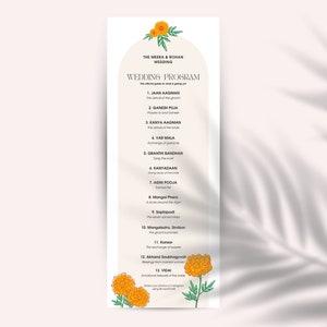 DIGITAL / 4.25x11 Programa de bodas hindú / Shaadi Lagan indio / Caléndula / Plantilla de archivo Canva / A5002