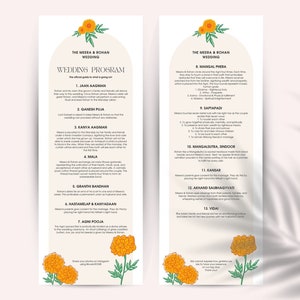 DIGITAL | 4.25x11 Hindu Wedding Program | Indian Shaadi Lagan | Marigold | Canva File Template | A5001