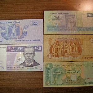 Banknoten der Welt Papiergeld aus Afrika Malawi 20 Kwochi Arabische Arabische Arabischemir 10 Derham 25 Ägypten 25 Piastres - (seltener Geldschein)