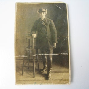 Antique photo Rare historical vintage young handsome man with cigarette posing at camera 1935 Europe Ukraine