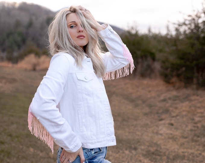 NFR Pink Fringe Jacket / Pearl White Denim Fringe Jacket / Etsy